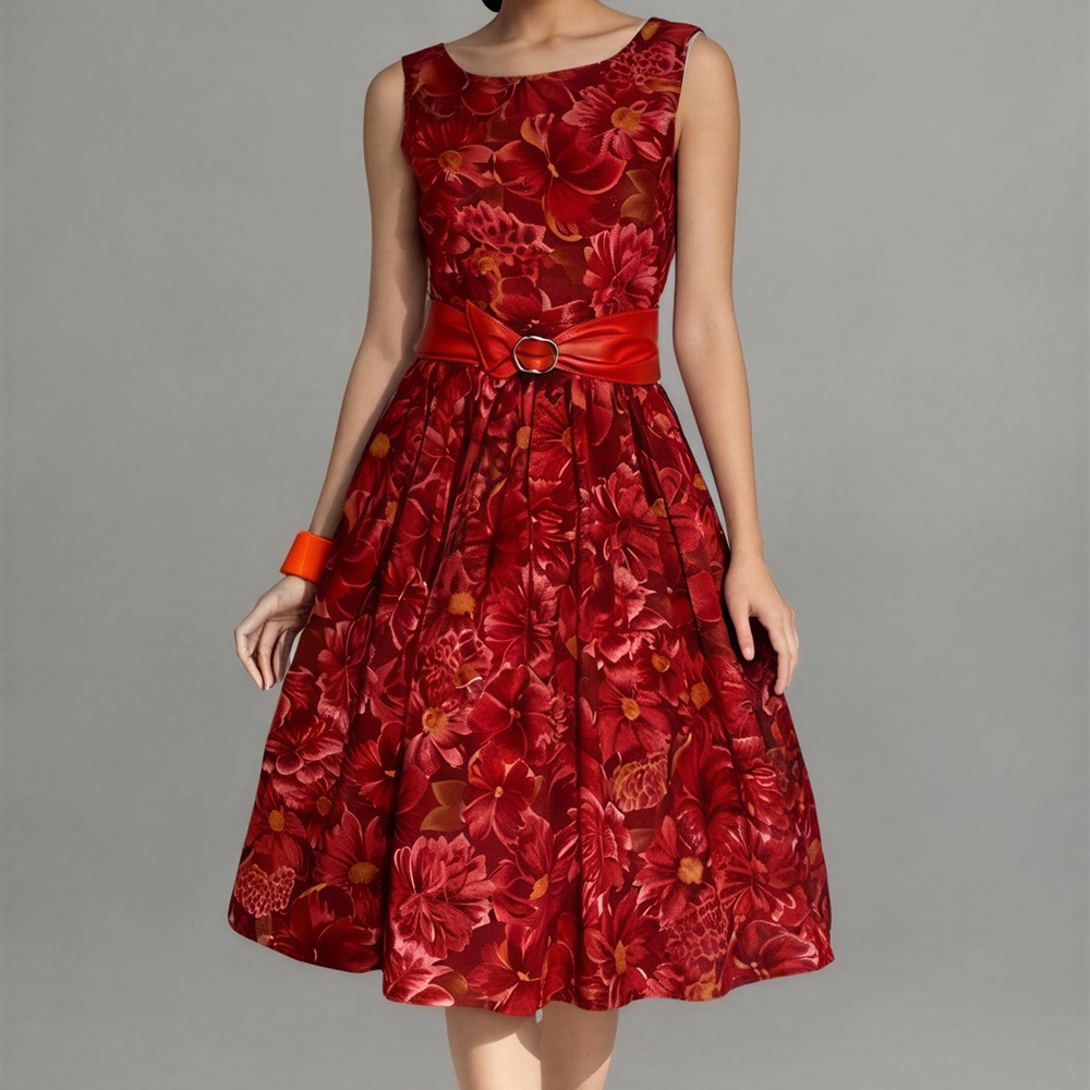 Vintage 90's Newport News Red Floral Sleeveless‎ Dress - 2